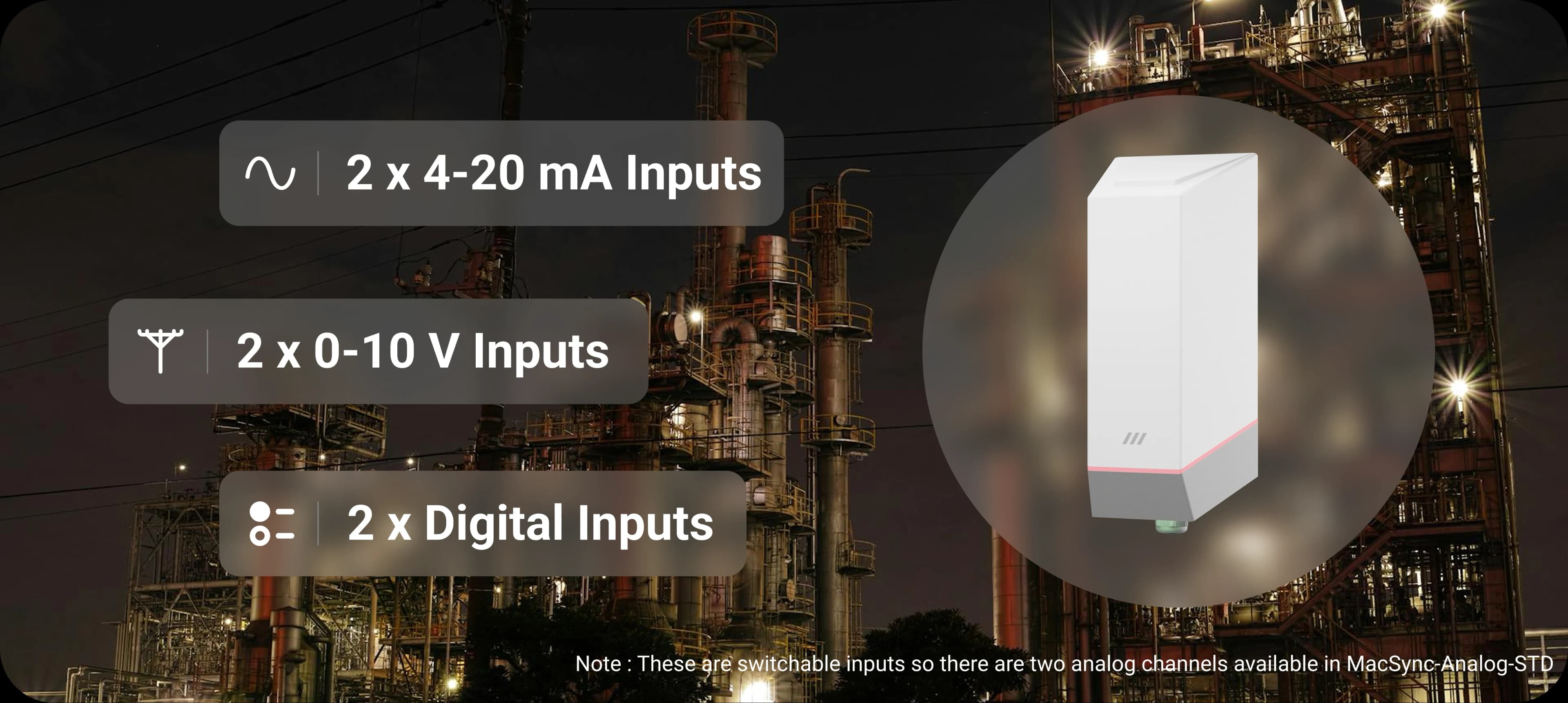 Supports 4~20mA, 0~10V, Digital inputs, & Serial Communication  device feature illustration