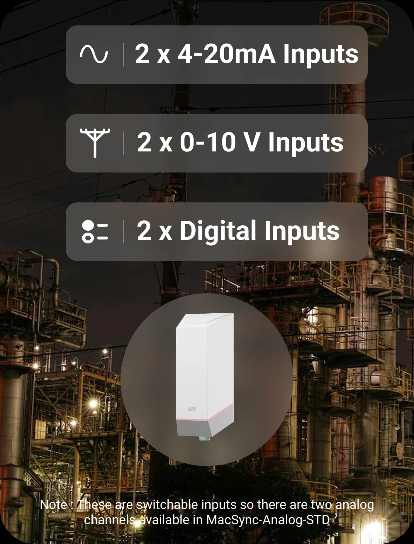 Supports 4~20mA, 0~10V, Digital inputs, & Serial Communication device feature illustration (mobile view)