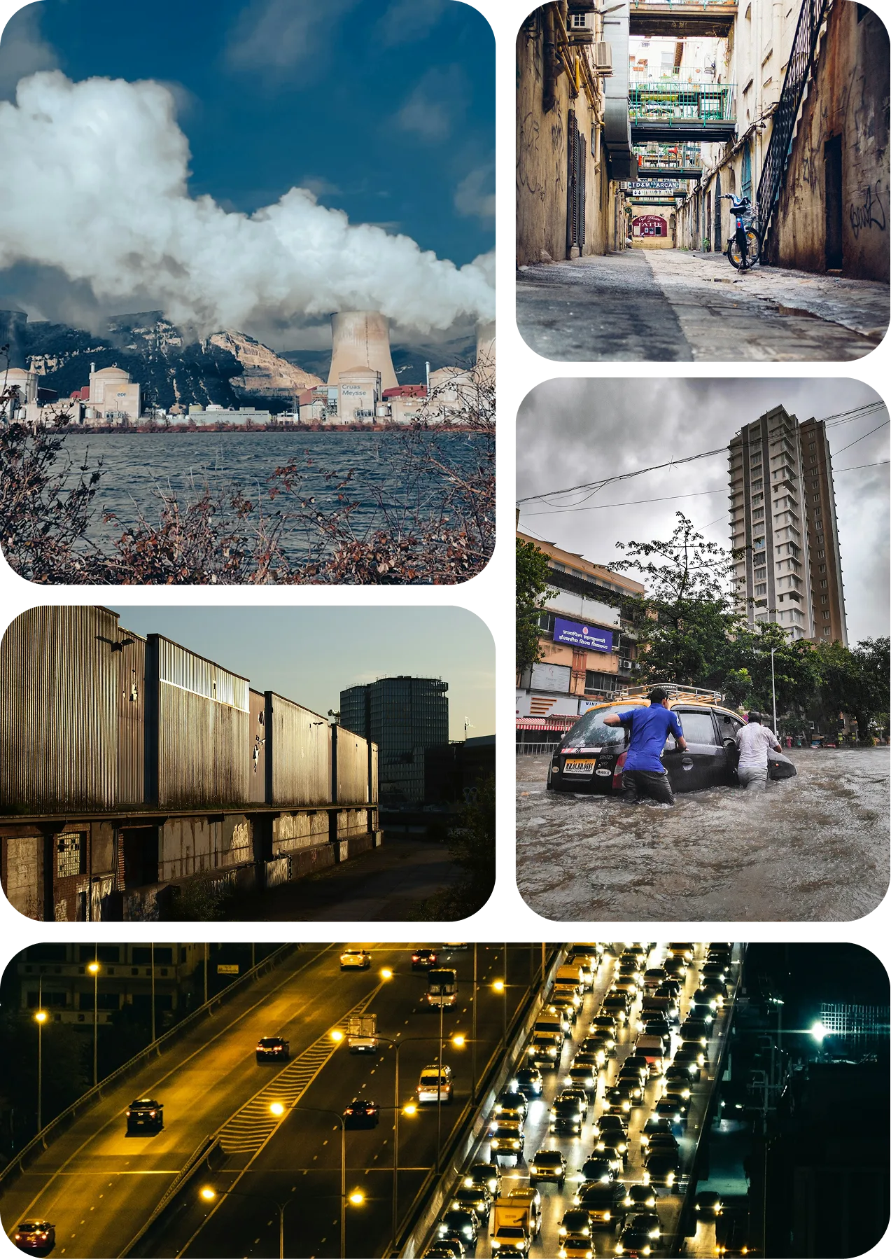 Smart city infrastructure challenges including traffic congestion, water leakage, air pollution, energy waste, and public safety issues monitored through IoT systems.