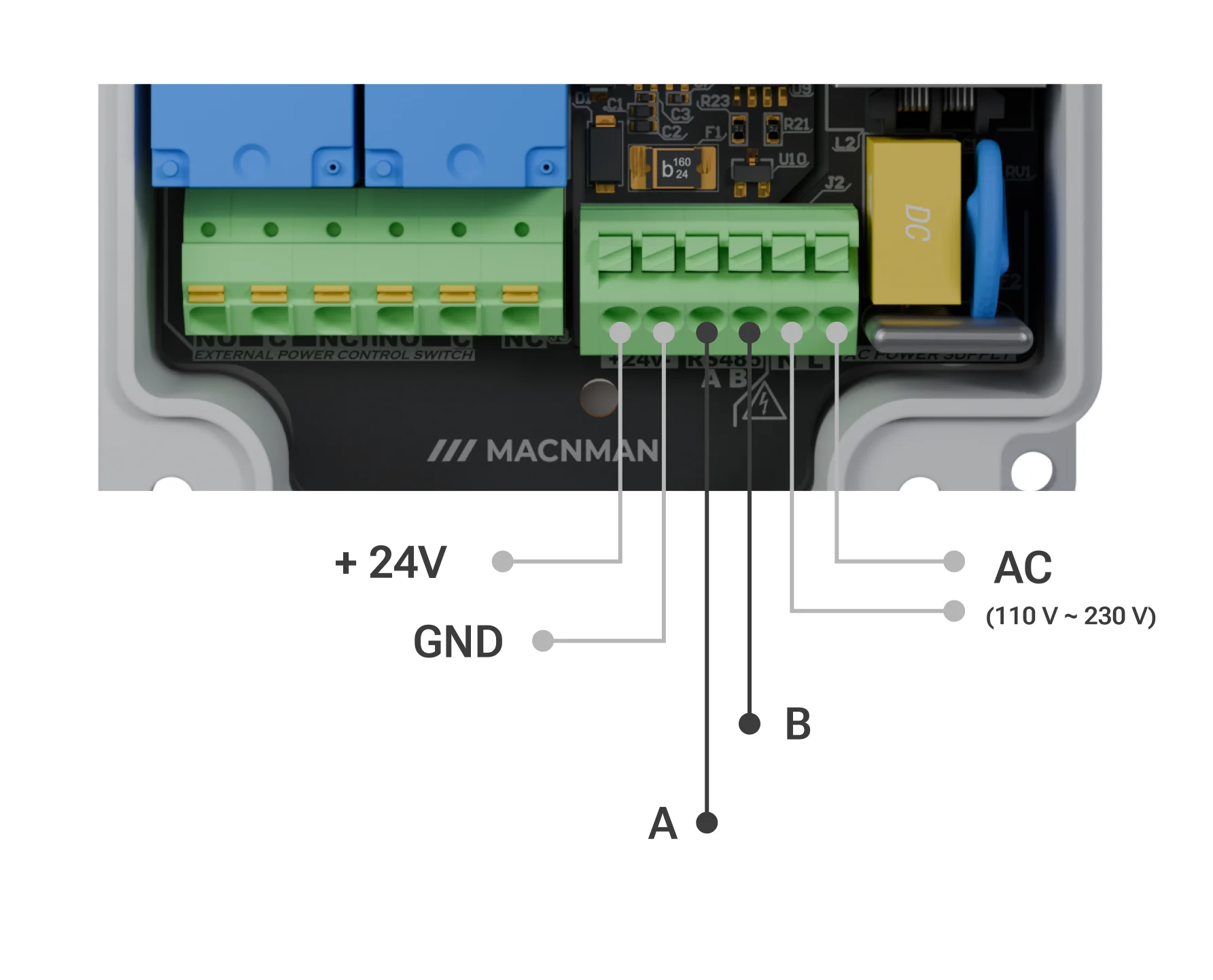 MacSet LoRaWAN Controller terminal wiring diagram for power and sensor connections