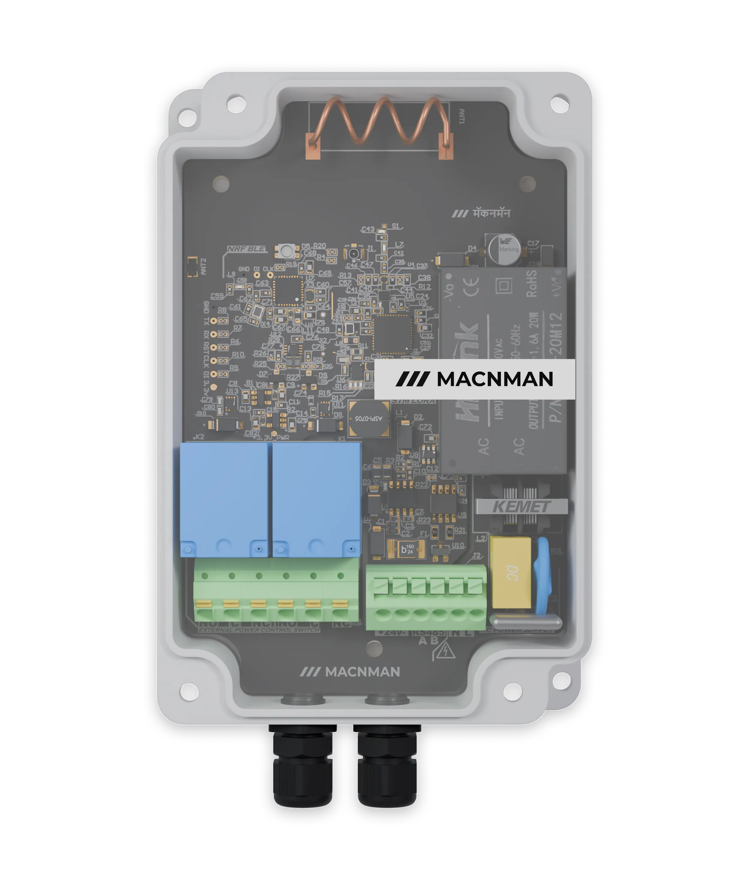Front view of MacSet-LX1 LoRaWAN controller with dual digital outputs