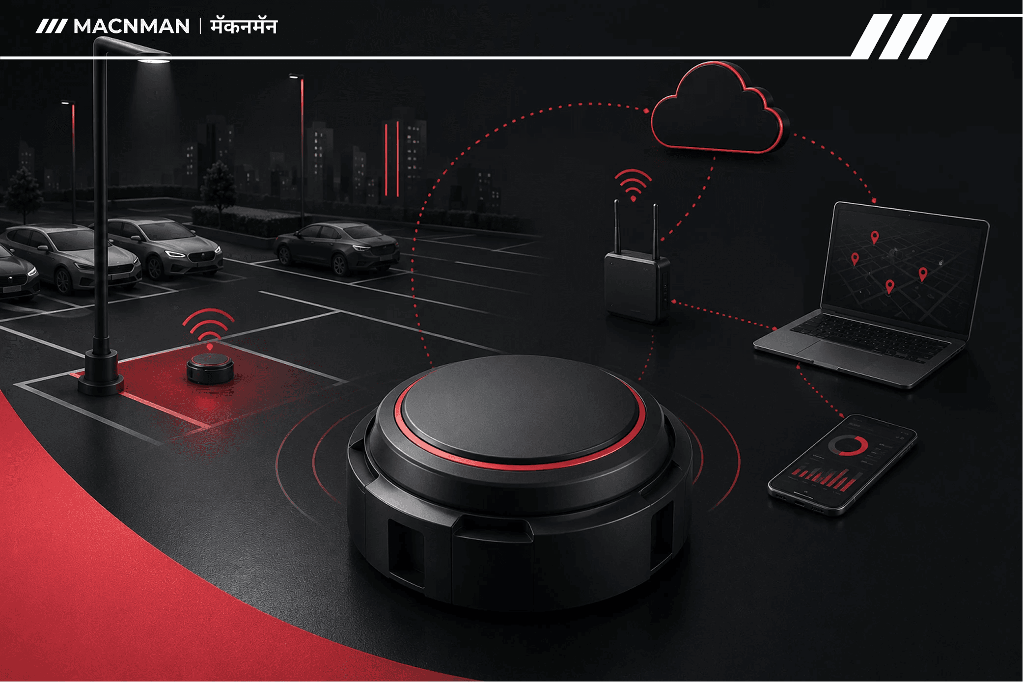 3D illustration of a LoRaWAN smart parking sensor connected to a wireless gateway and cloud platform for real-time parking occupancy monitoring in a modern smart city parking lot.