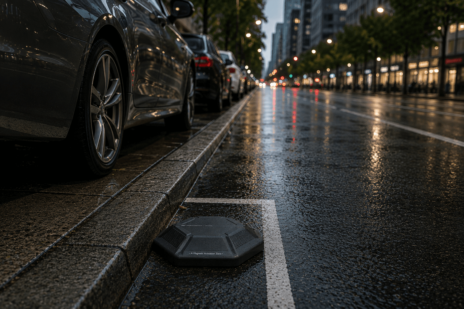 LoRaWAN geomagnetic parking sensor installed on a smart city curbside parking bay for real-time parking occupancy monitoring and revenue generation.