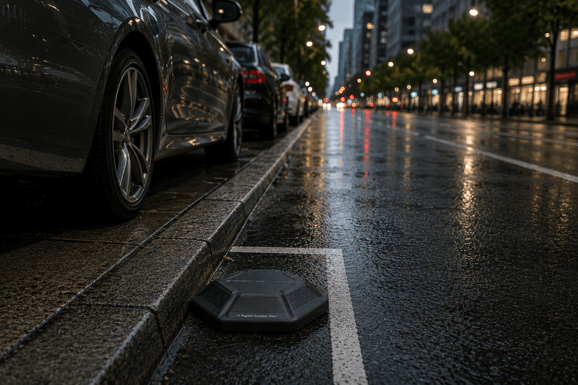 LoRaWAN geomagnetic parking sensor installed on a smart city curbside parking bay for real-time parking occupancy monitoring and revenue generation.
