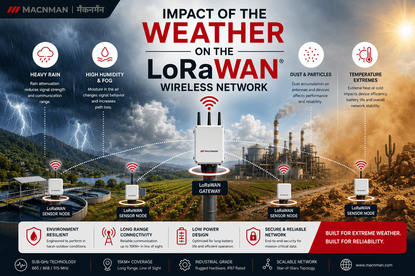 Illustration showing the impact of heavy rain, humidity, dust, and extreme temperatures on a LoRaWAN wireless network using industrial IP67 gateways and sensor nodes.