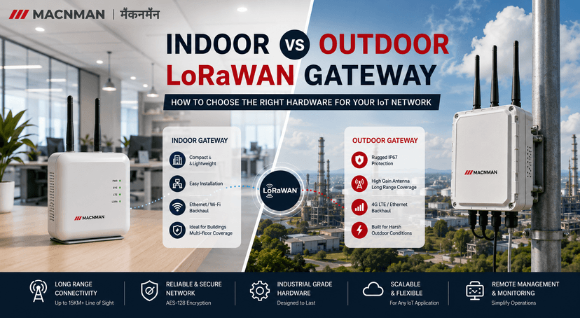 Comparison of indoor and outdoor LoRaWAN gateways showing deployment environments, IP ratings, coverage characteristics, and industrial use cases for enterprise IoT networks.