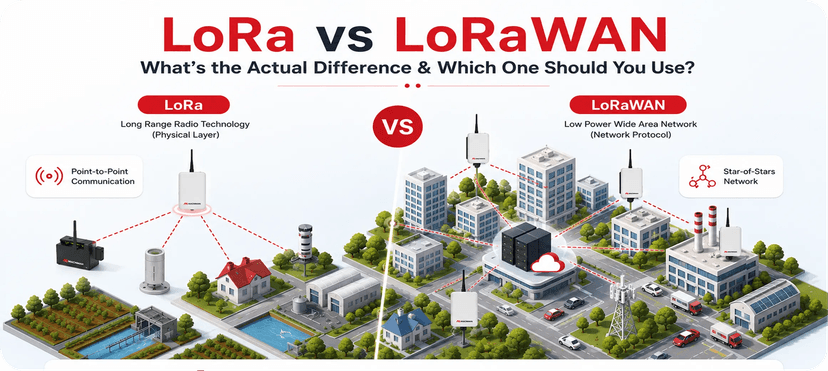 Isometric comparison of LoRa vs LoRaWAN showing point-to-point LoRa communication and scalable LoRaWAN network architecture with gateways, cloud connectivity, and Industrial IoT devices.