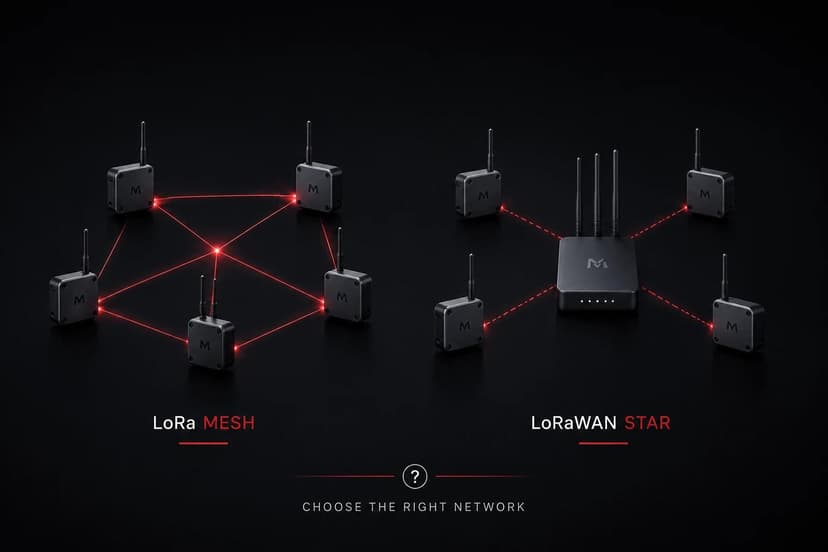 Minimal comparison illustration showing LoRa Mesh and LoRaWAN Star network topologies on a dark background, highlighting decentralized mesh communication versus centralized gateway architecture for industrial IoT deployments.