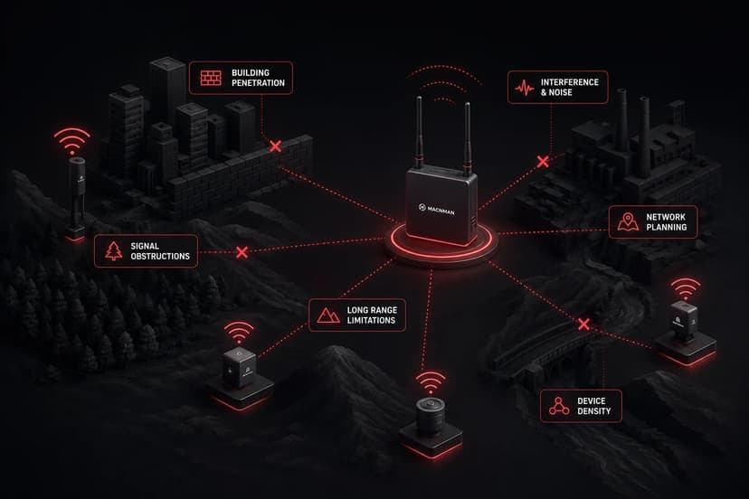 Dark isometric illustration showing the real challenges of deploying a LoRaWAN network, including signal interference, building penetration, network planning, device density, and long-range communication in an industrial environment.