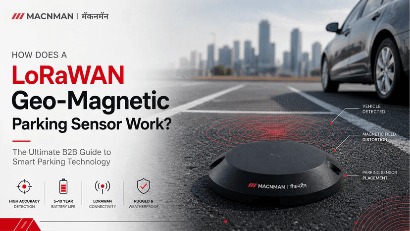 LoRaWAN geo-magnetic parking sensor detecting vehicle occupancy using magnetic field distortion for smart parking management and commercial parking occupancy tracking.