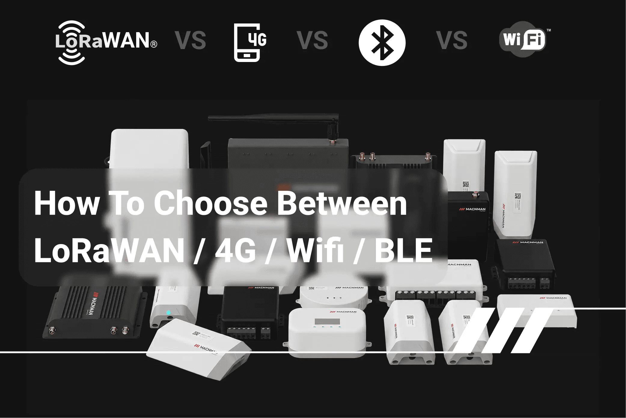 Comparison of LoRaWAN, 4G, NB-IoT, and BLE wireless technologies for industrial IoT connectivity, highlighting their strengths, coverage, power consumption, and use cases.