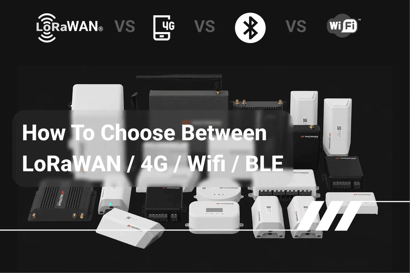 Comparison of LoRaWAN, 4G, NB-IoT, and BLE wireless technologies for industrial IoT connectivity, highlighting their strengths, coverage, power consumption, and use cases.