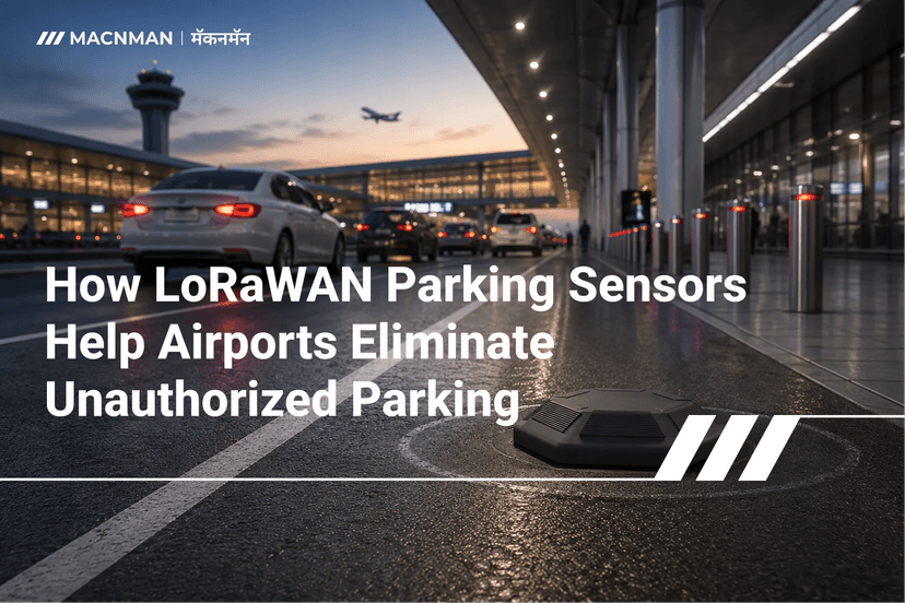 LoRaWAN geo-magnetic parking sensor installed at an airport terminal curbside for real-time unauthorized parking detection, fire lane monitoring, and smart airport traffic management.