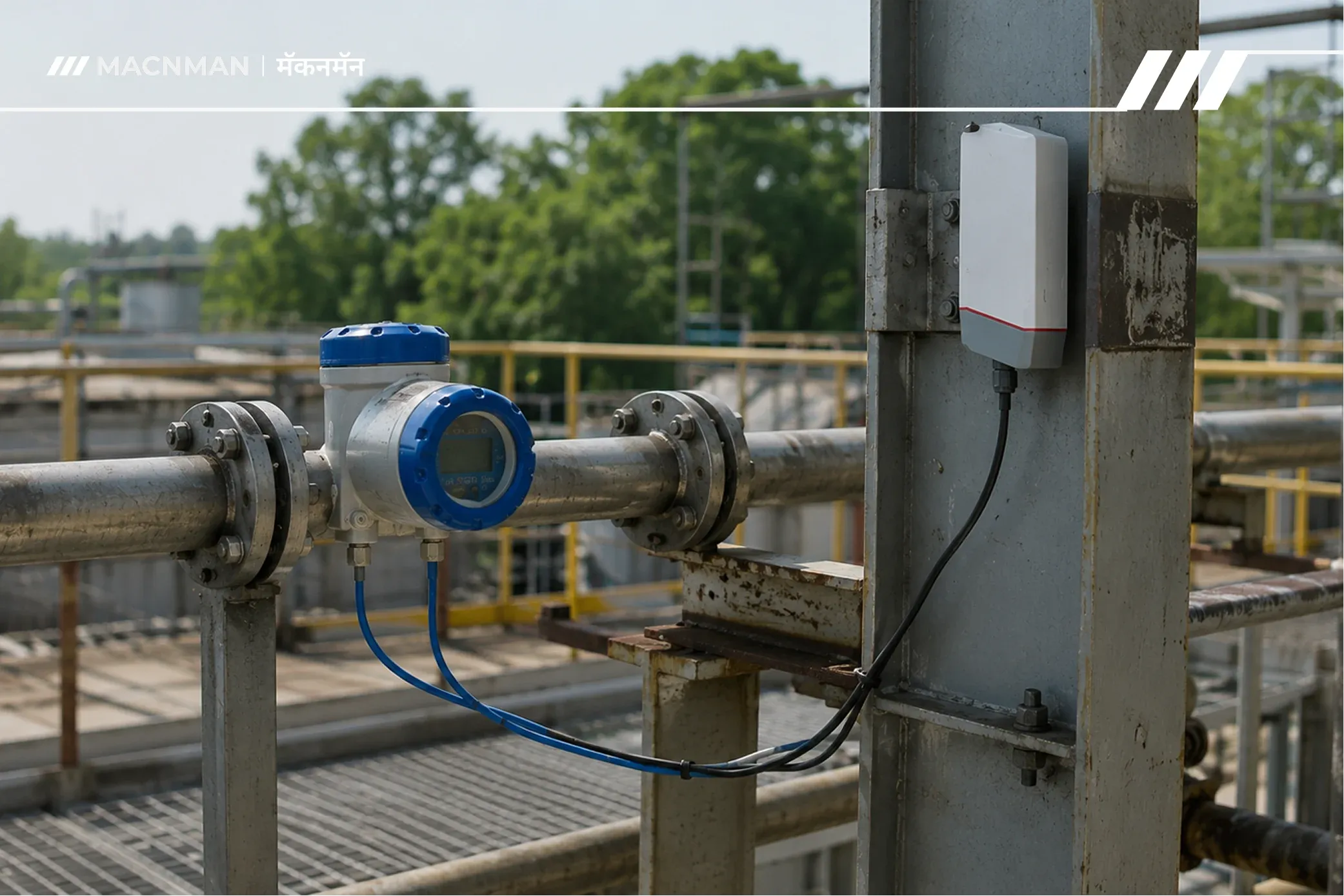 MacSync 4-20mA to LoRaWAN converter connected to a legacy industrial flow meter for wireless data monitoring