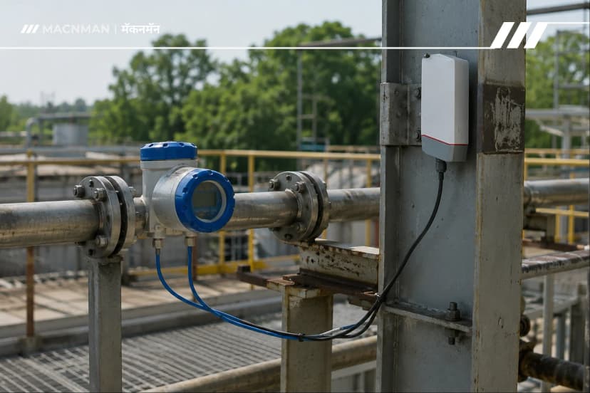 MacSync 4-20mA to LoRaWAN converter connected to a legacy industrial flow meter for wireless data monitoring