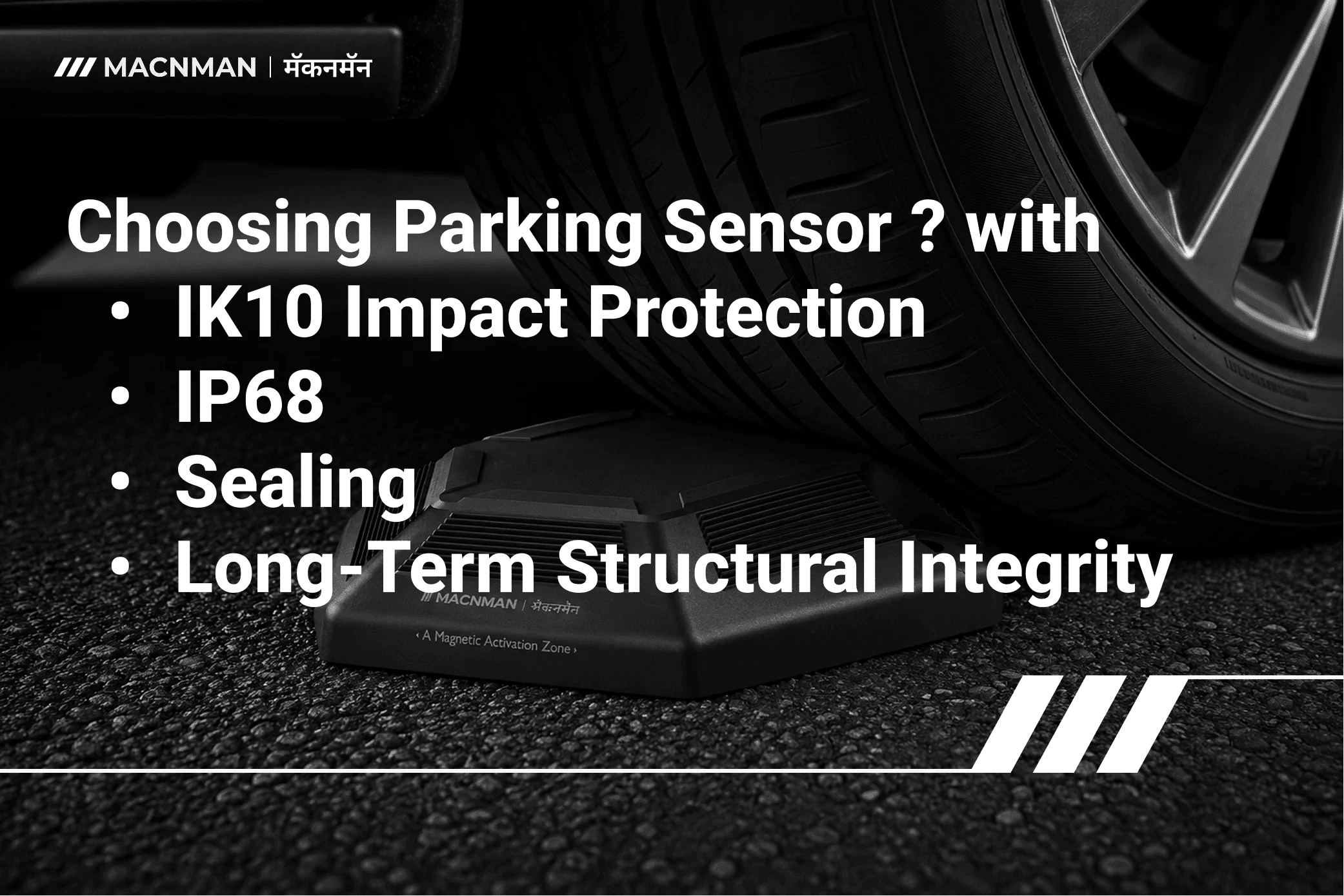 Surface-mounted LoRaWAN parking sensor withstanding vehicle tire pressure, highlighting its load-bearing capacity, rugged enclosure, and structural durability for smart parking deployments.