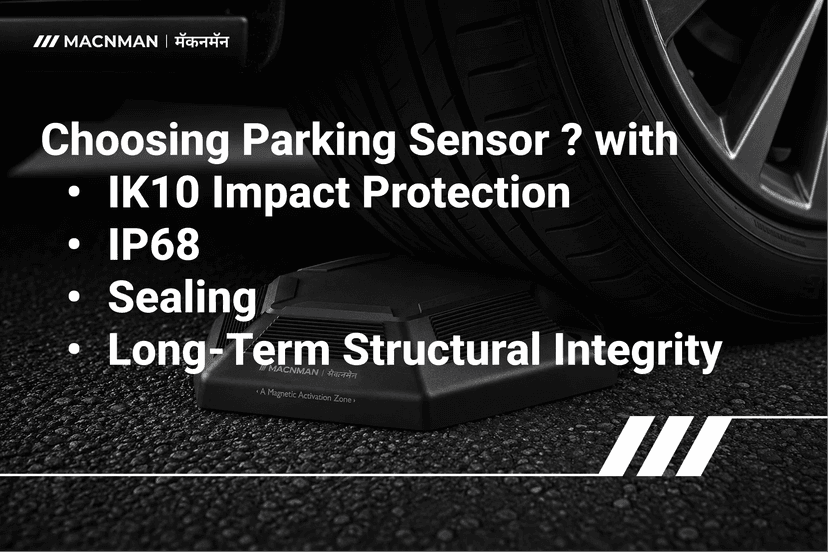 Surface-mounted LoRaWAN parking sensor withstanding vehicle tire pressure, highlighting its load-bearing capacity, rugged enclosure, and structural durability for smart parking deployments.