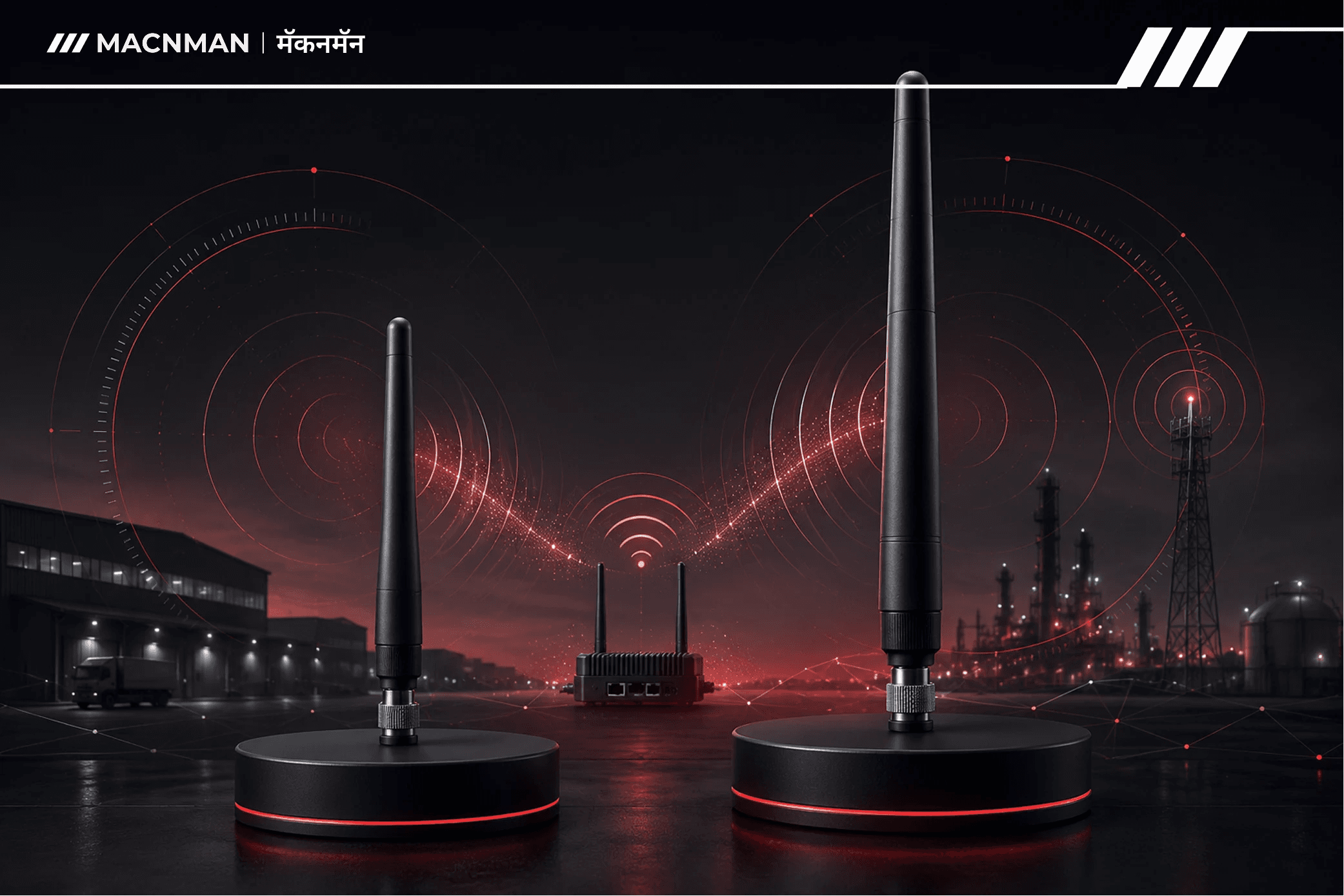 5 dBi vs 8 dBi LoRaWAN antenna comparison showing two omnidirectional antennas with different gain levels transmitting wireless signals from a LoRaWAN gateway in an industrial IoT environment.