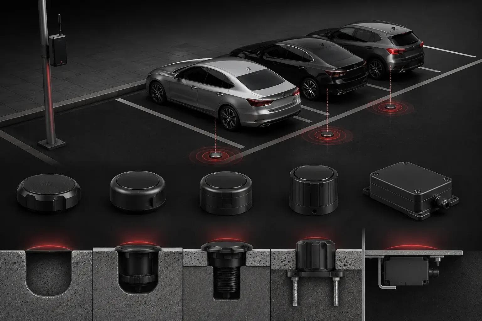 3D illustration showing different smart parking sensor types, installation methods, and mounted parking occupancy sensors used in modern smart parking management systems.