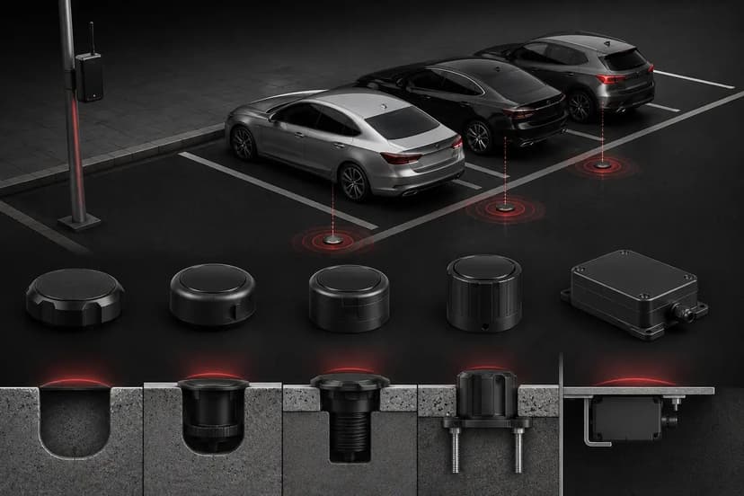 3D illustration showing different smart parking sensor types, installation methods, and mounted parking occupancy sensors used in modern smart parking management systems.