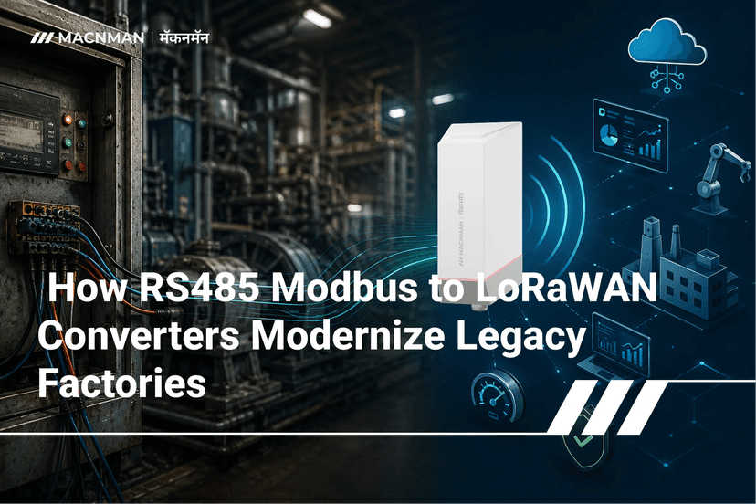 Industrial RS485 Modbus to LoRaWAN converter bridging legacy factory equipment with modern wireless IoT connectivity for Industry 4.0 automation.